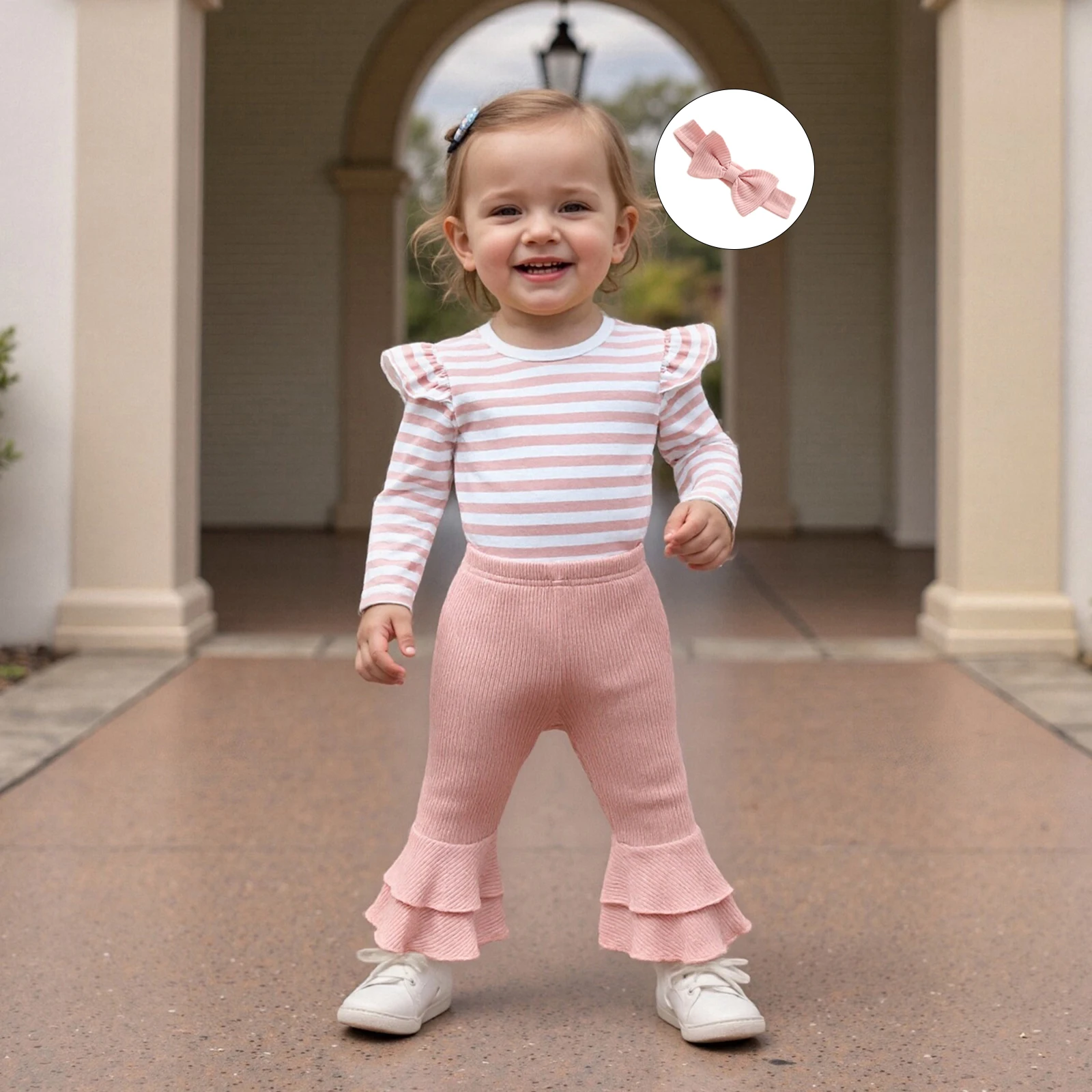 ملابس خريفية للفتيات الصغيرات، رومبير مخطط بأكمام طويلة مع بنطال واسع ومجموعة ملابس عصابة رأس