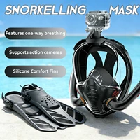 Set de Snorkel para Adultos, Máscara de Snorkel de Cara Completa, Doble Tubo de Silicona, Aletas Cortas, Vista Panorámica, Aletas de Buceo Ajustables, Equipo de Buceo con Sistema Dry Top