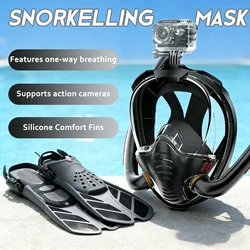 Adult Full Face Snorkel Mask Set Double-Tube Silicone Short Fins Set Panoramic View Adjustable Dive Flipper Dry Top Snorkel Gear
