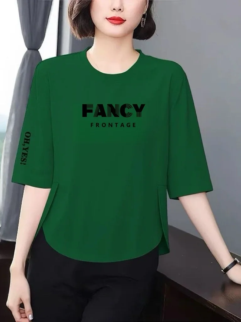 

Trendy Letter Print Loose Fit Seven Sleeve Women's T-shirt Slimming Belly Covering Anti-Aging Versatile Midlife Top