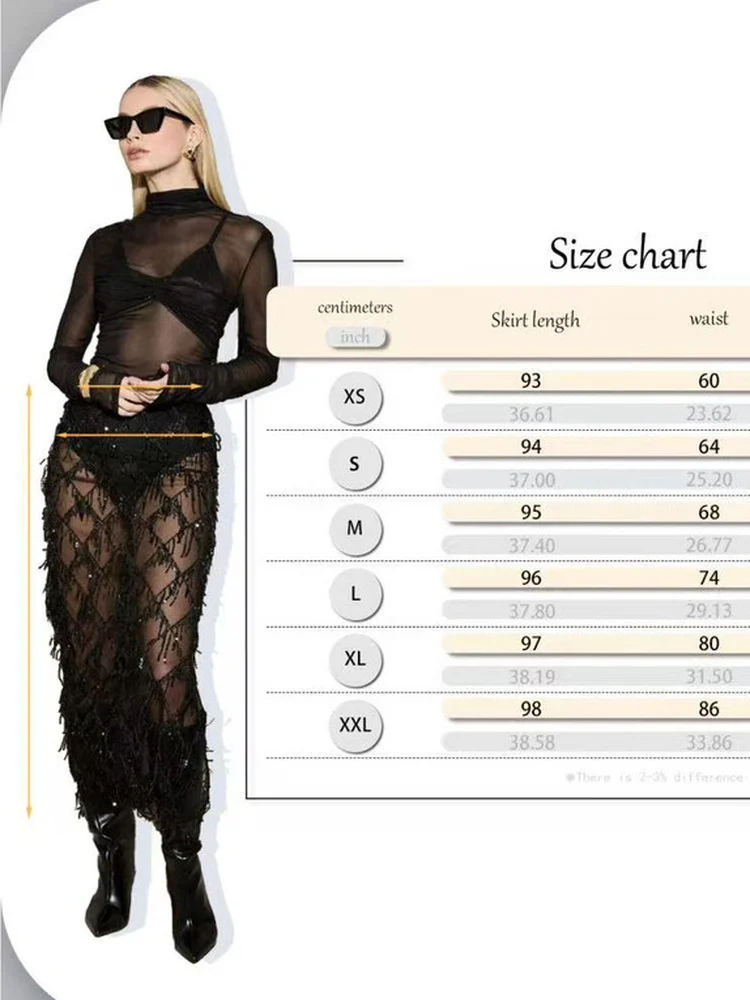 Shiny Sequin Tassel Mesh Split Mid-Length Bodycon Slimming Half Skirt Women's Fashion Spring Season Elastic Waist Polyester F...