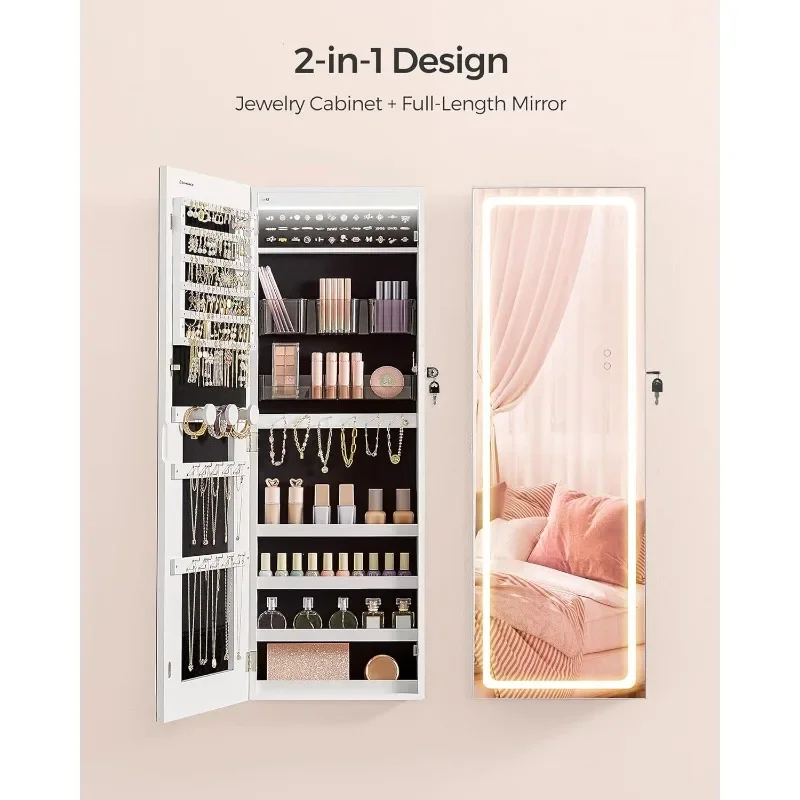 LED Mirror Jewelry Cabinet Armoire, Wall or Door Mounted Jewelry Storage Organizer, Hanging Frameless Mirror Cabine