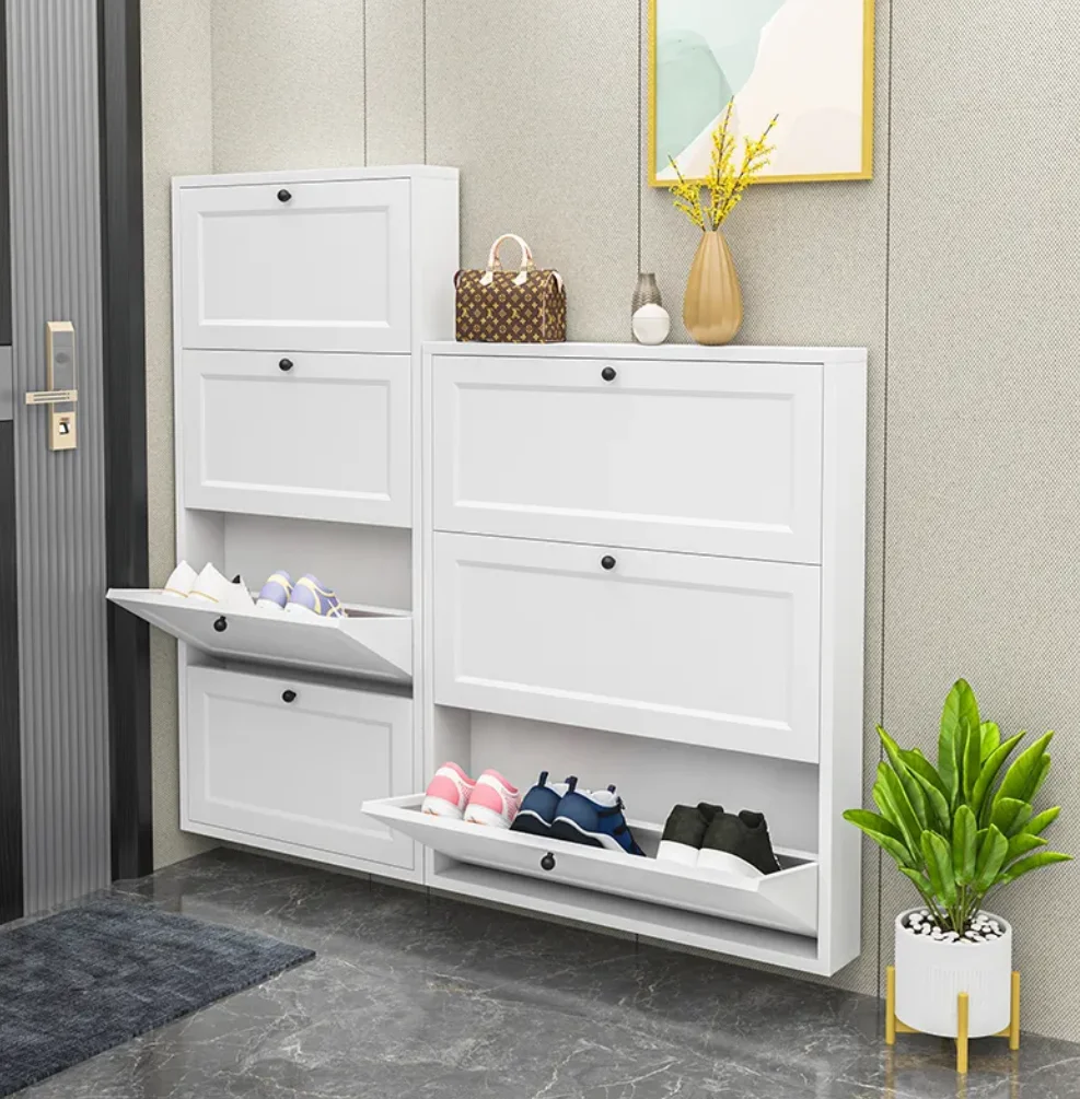 خزانة أحذية بيضاء رفيعة مثبتة على الحائط مع مساحة تخزين متعددة الطبقات لمنظم الأحذية الحديث لتوفير مساحة المدخل والممر #2