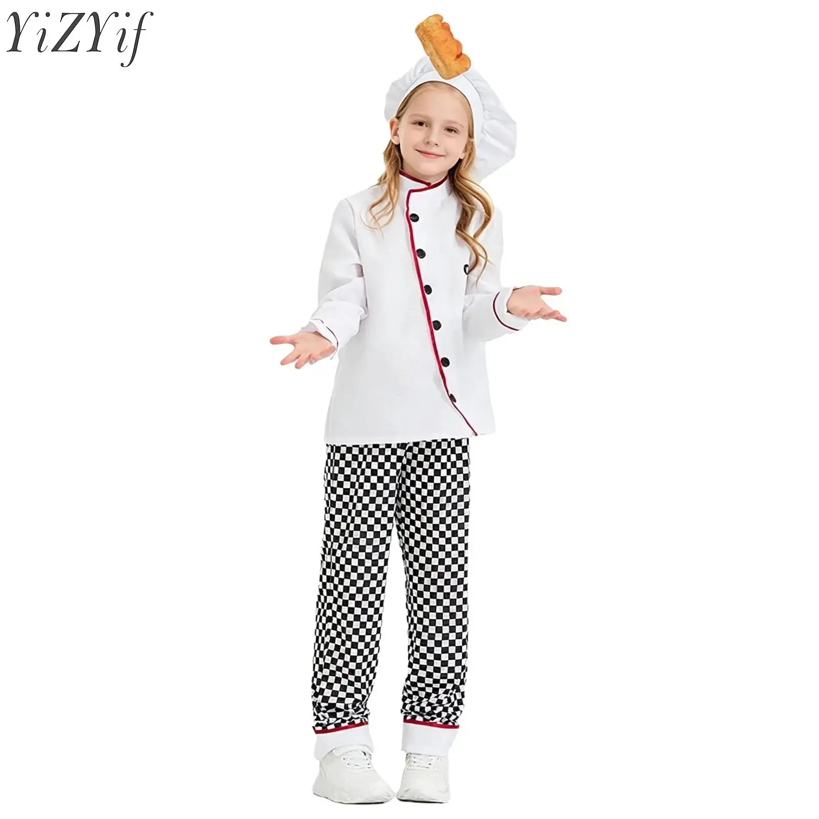 Kids Boys Girls Chef Cosplay Outfits Long Sleeve Print Tops with Plaid Pants Hat for Halloween Party Cooking Roleplay Stage Show