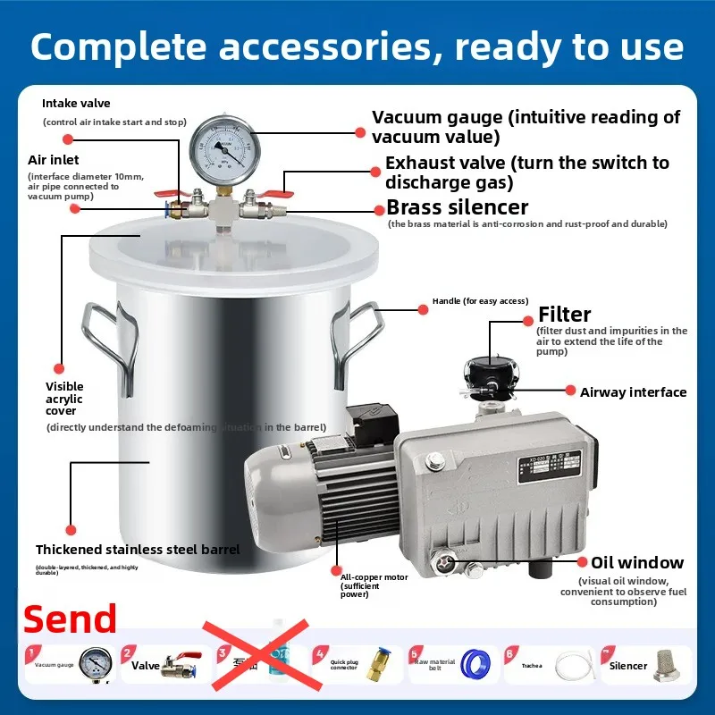 Stainless Steel Vacuum Degassing Chamber, Silicone Resin Defoamer Machine with Vacuum Pump for Mold Casting