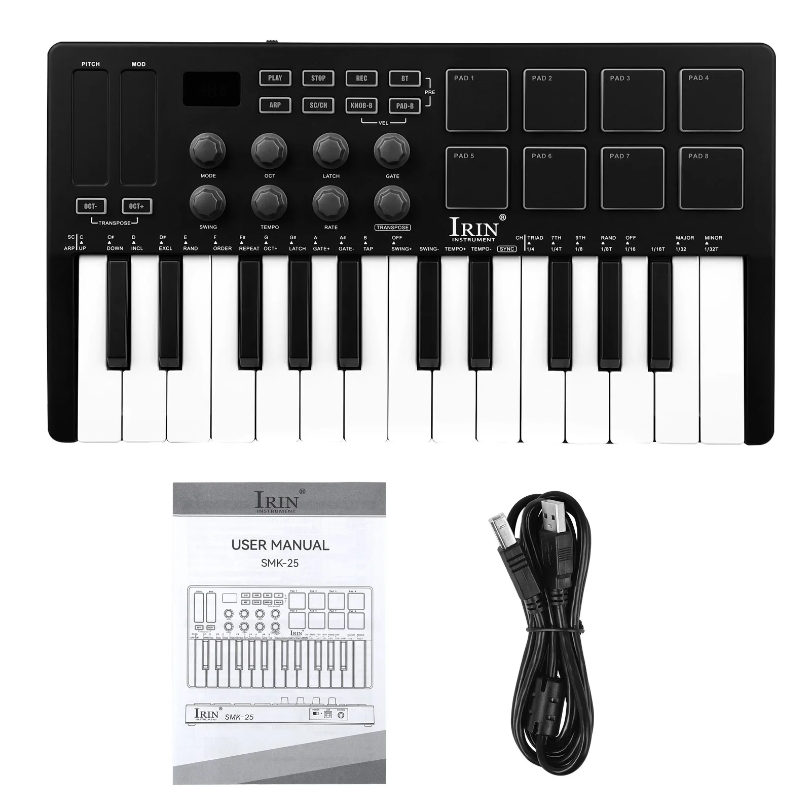 Irin 25 teclas controlador midi teclado mini portátil usb teclado piano SMK-25 controlador de teclado midi 8 rgb almofadas retroiluminadas 8 botões