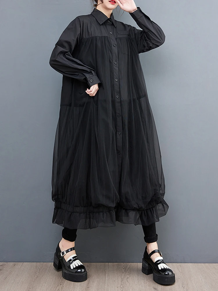 NYFS 2025 خريف جديد فضفاض حجم كبير فستان قميص عتيق رداء واحد الصدر شبكة المرقعة كم طويل فساتين حريمي