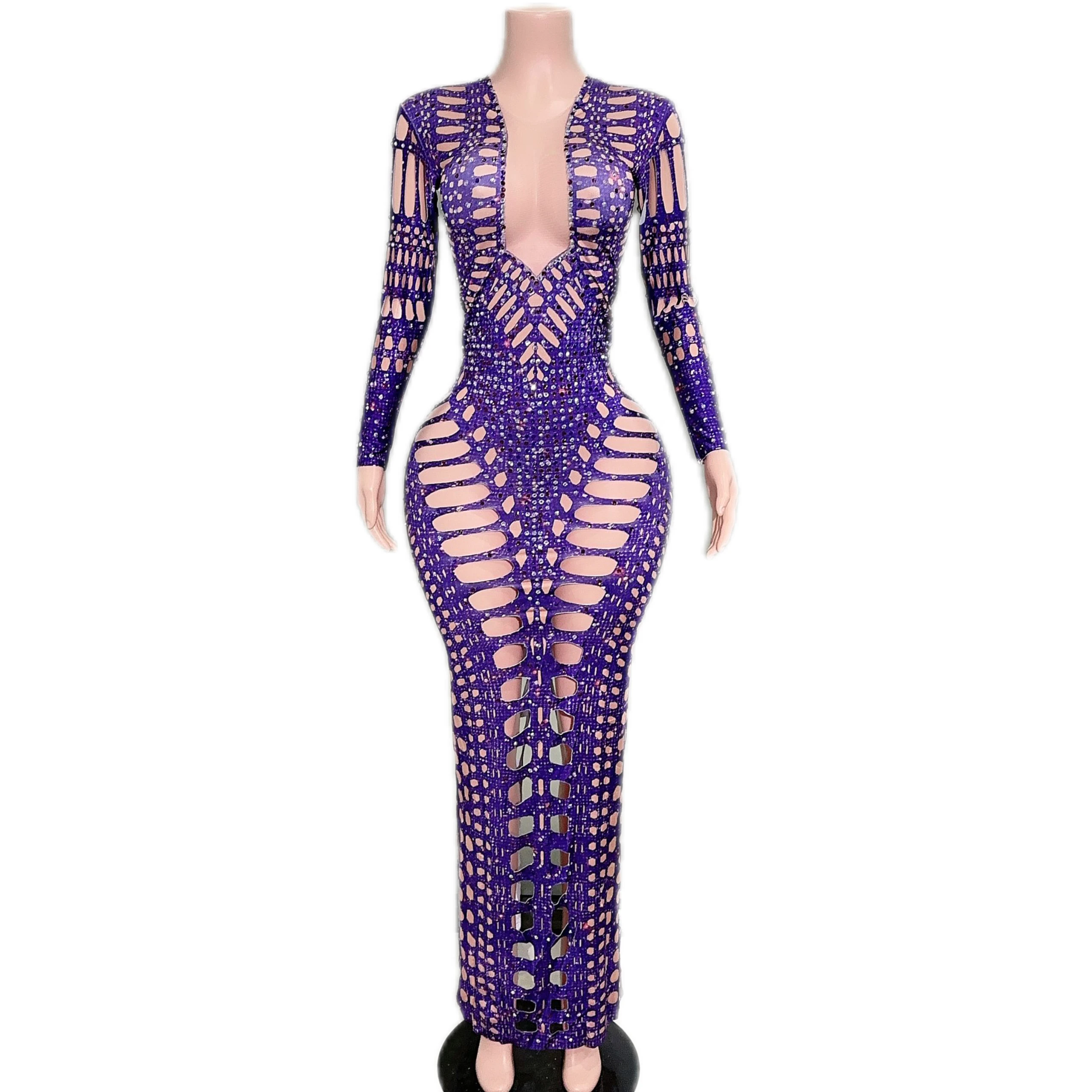 Stock Purple Color Long Sleeve Sexy Hollow Out Bodycon Dress Fashion Nightclub Party Performance Costume Stage Wear