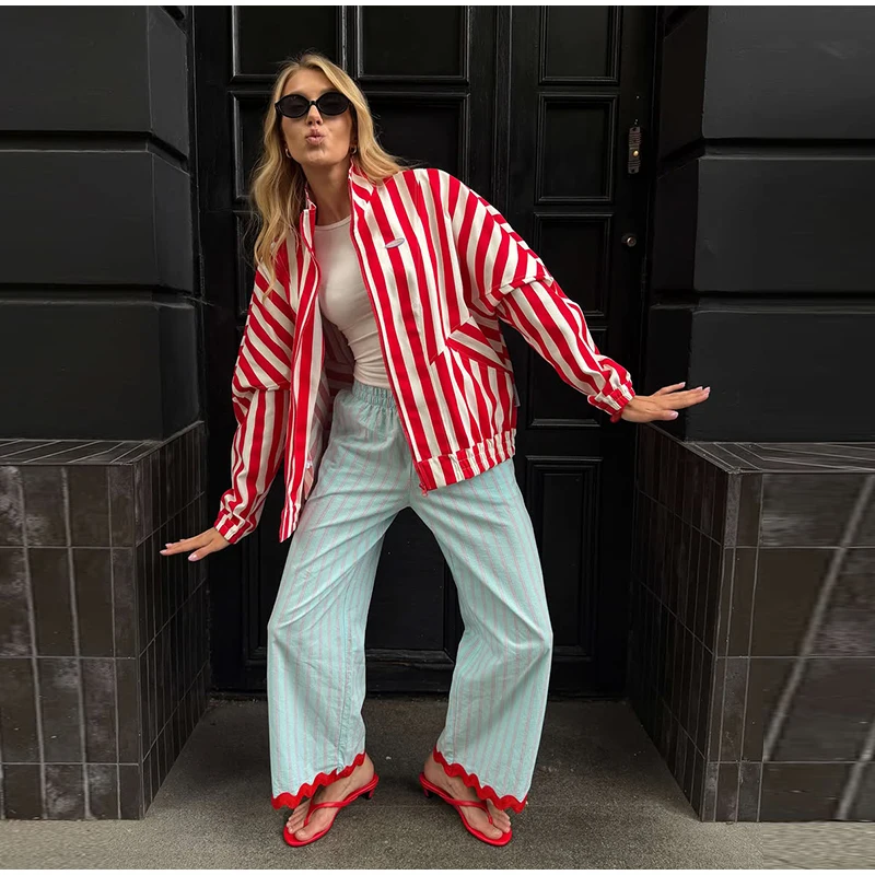 Casual Contrast Striped Women's Pants Wave Cut Elastic Waist Female Wide Leg Trousers 2026 Autumn Lady Vintage Chic Pant