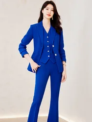 Temperament Women's Office Suit Jacket Pants Vest 3 Piece Blue Notch Lapel Jacket Autumn Women's Pants Sets ropa de mujer