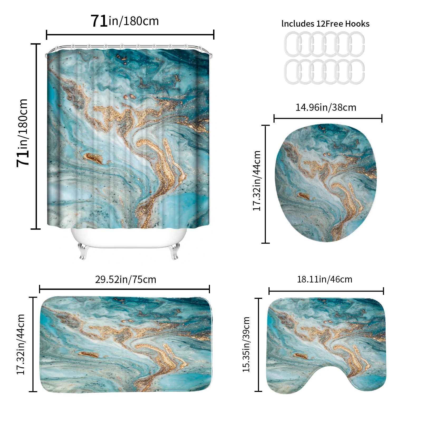 Abstract ink marble pattern shower curtain polyester home décor bathroom curtain with hooks