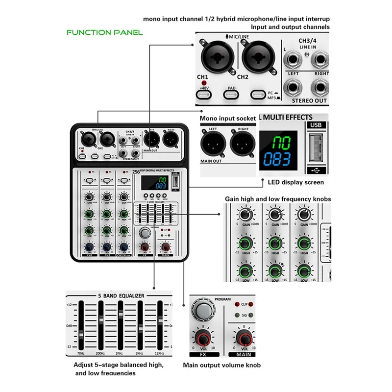 มิกเซอร์เสียง AA60-4 Channel 256DSP USB Studio Bluetooth DJ Console Mixer พกพาสำหรับดีเจคาราโอเกะ