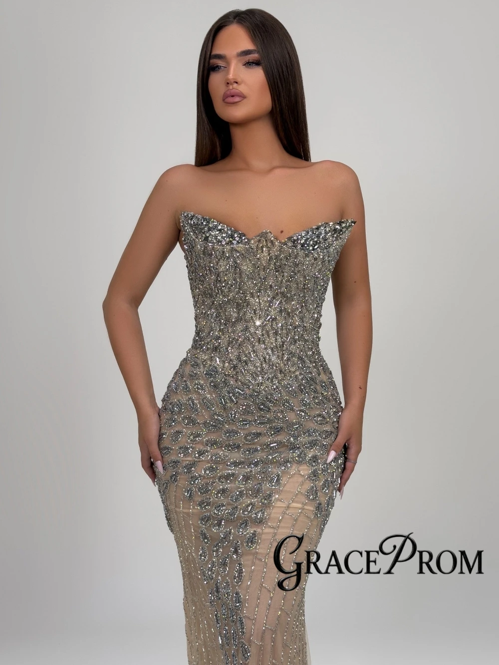 Formal Gala Wear Women - 高級ビーズ付きシアーエブニングドレス レディース ストラップレス クリスタル装飾 ボディコン マーメイド