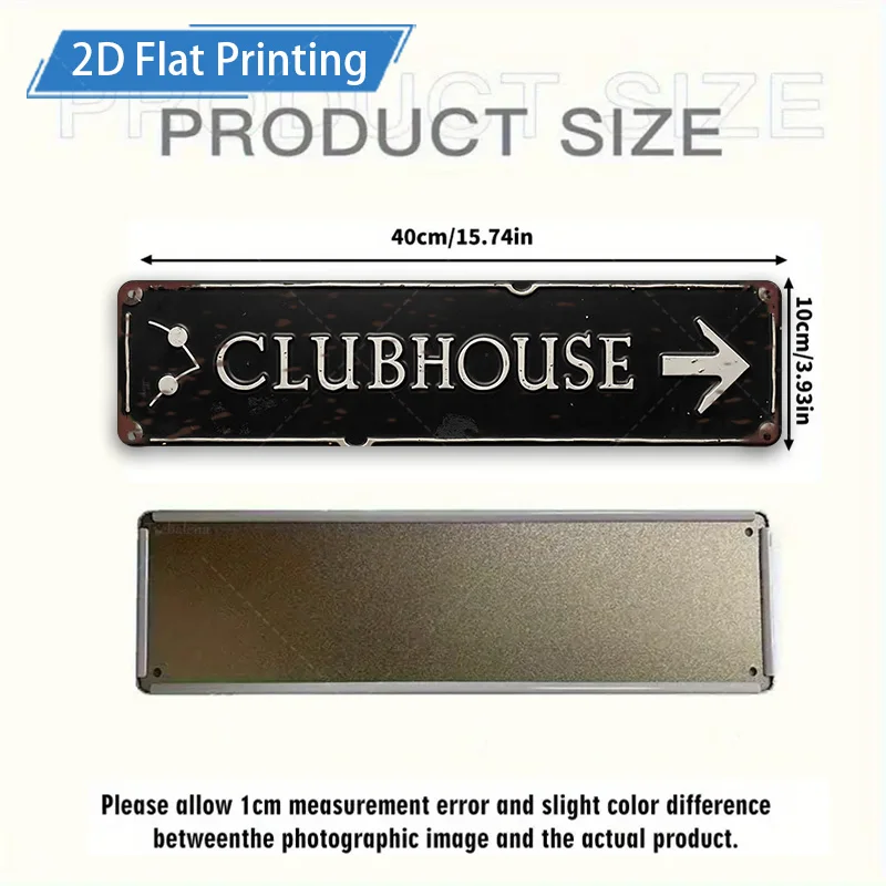 [2D FLAT] 1pc Metal Sign, 4×16inch Retro Clubhouse Sign 2D Flat Print Wall Art Decor