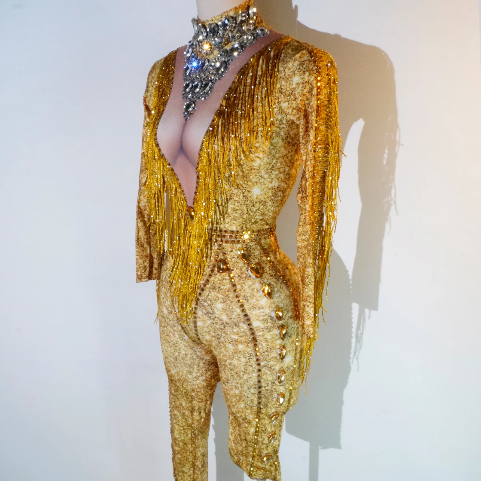 Sparkly Rhinestones High Quality fringe Gold Long Sleeved Elastic Jumpsuit Birthday Party Bar Stage Performance Nightclub Queen