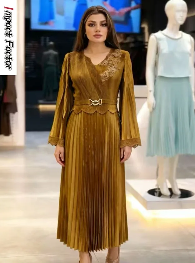 

2026 New Temperament Pleated Skirt Three-dimensional Flower Decoration Miyake Pleated Dress Long-sleeved Dress Women's Clothing