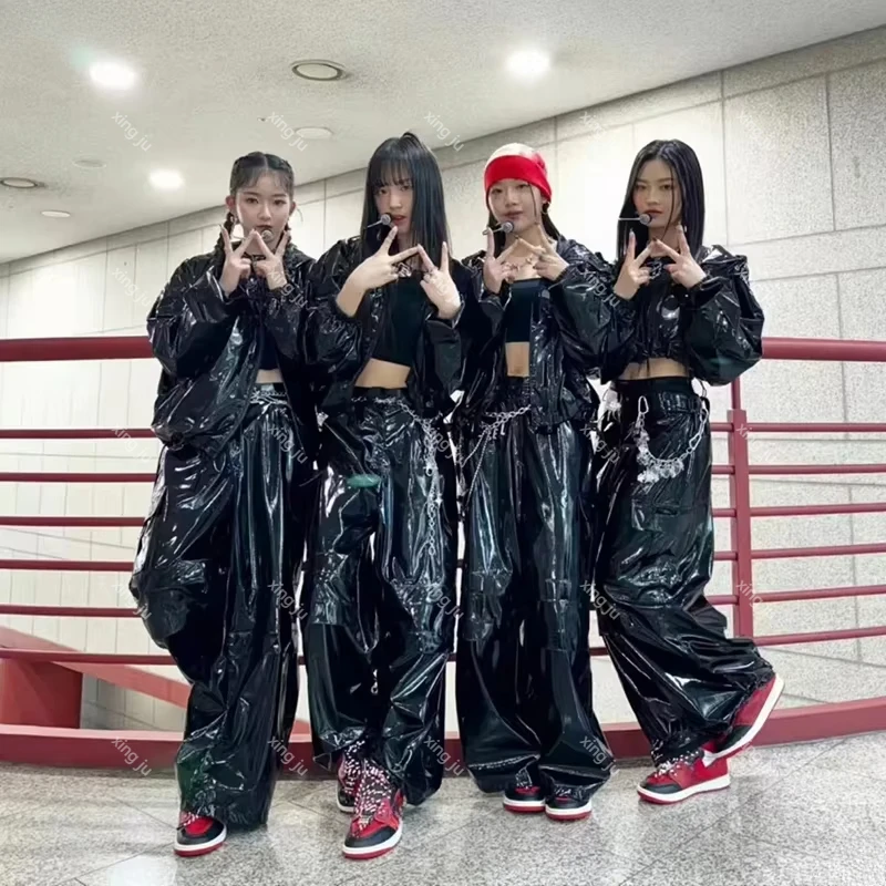 Kpop Women Group Jazz Dance Outfits Black Shiny Leather Coats Leather High Waist Wide Leg Pants Jazz Dance Performance Clothing