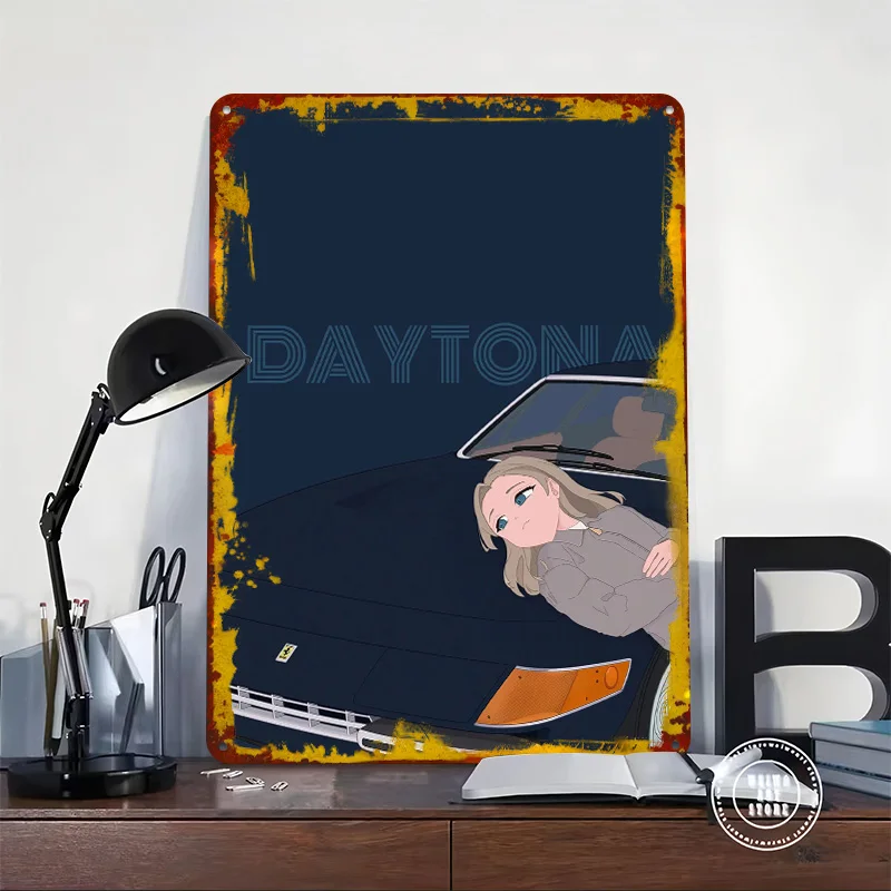 Daytona With Anime Girl Car Printed Poster Customized Retro Wall Art Vintage Metal Tin Signs for Home Room Ornaments Coffee Bar
