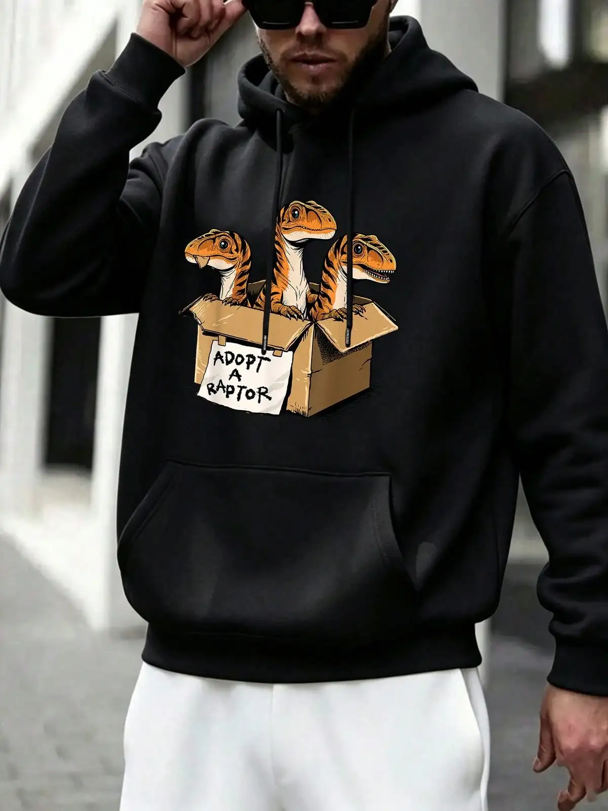Mens Casual Simple Drawstring Hoodies, Adopt A Raptor Print, Long Sleeve Sweatshirt Pullover With Pocket