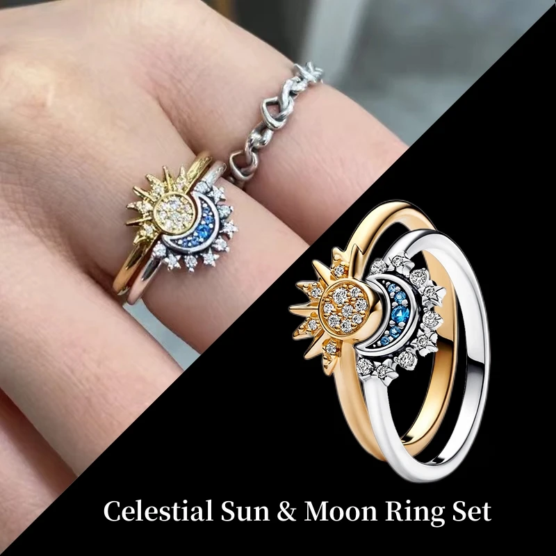 PANDORA Celestial Sun Moon Ring Set 925 Sterling Silver Jewelry Original Fine Jewelry For Woman Hoops Christmas Gift