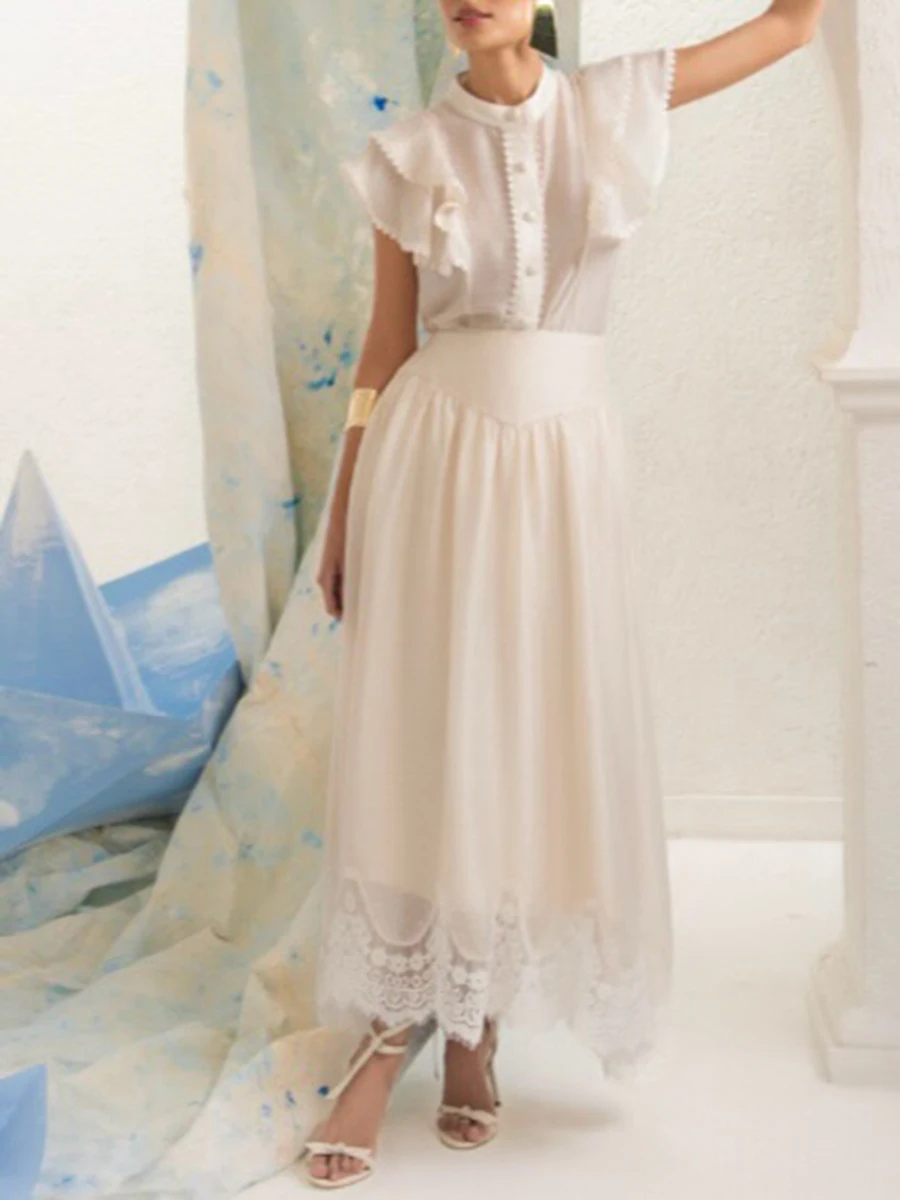 VGH Solid Two Piece Set for Women Stand Collar Short Sleeve Top High Waist Patchwork Irregular Lace Hem Skirt Casual Suit Female