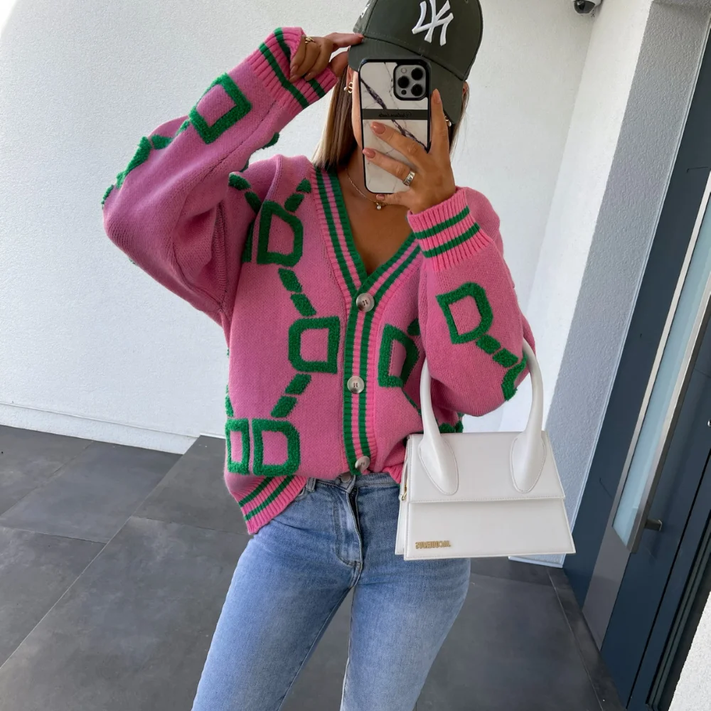 Women Letter Cardigan Sweater Autumn Winter Loose Single Breasted Sweater Coat Knitted Long Sleeved Top V-Neck Ladies Clothes