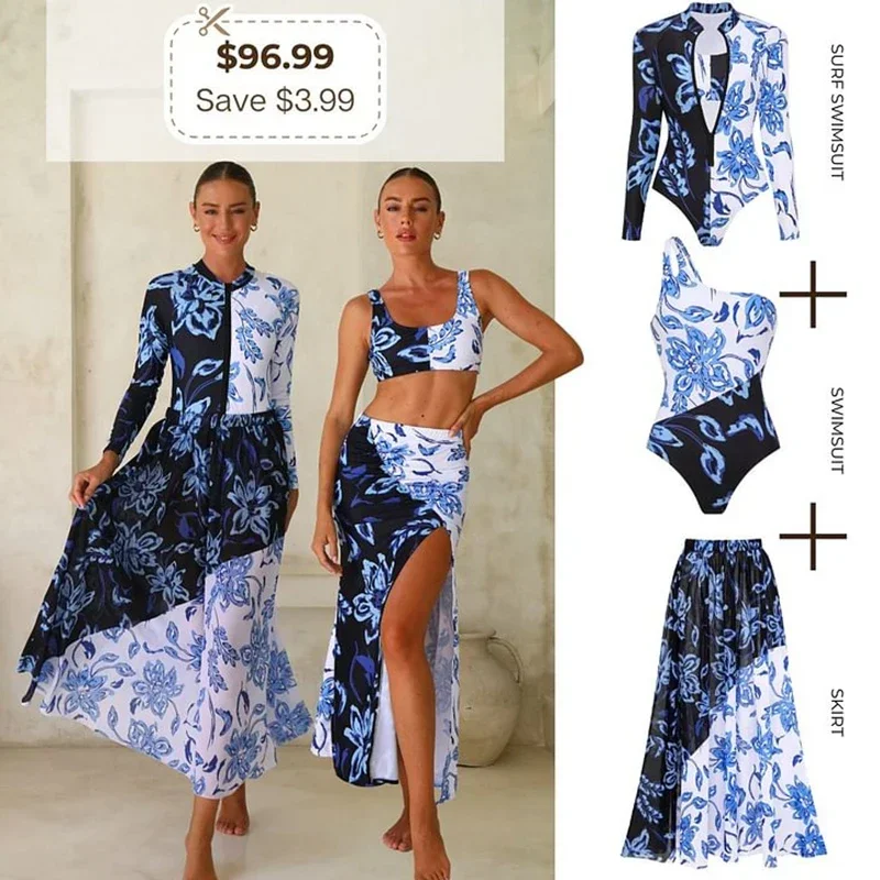 Long Sleeves One Shoulder Color Block Printed One Piece Swimsuit Monokini Bathing Suit Tropical Bodysuit Surfing Sport Swimsuit