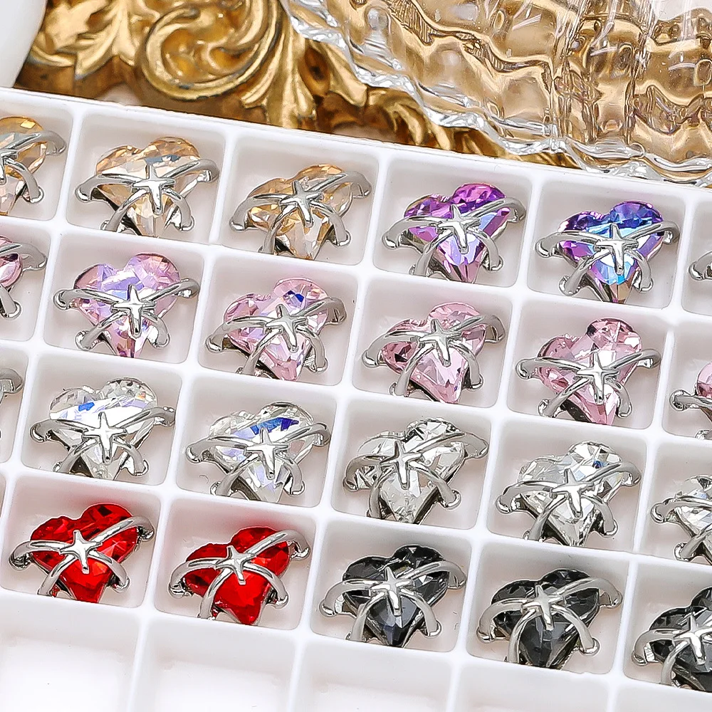 10PCS 3D Luxury Alloy Starburst Nail Love Heart Rhinestone Charms Parts For DIY Manicure Nails Decoration Accessories Supplies 3