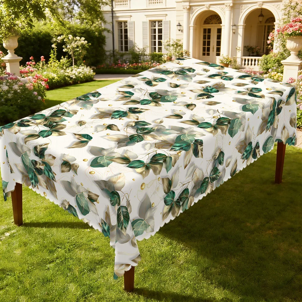 Mantel Redondo y Rectangular de Lujo Ligero con Diseño de Hojas Verdes, Disponible en Varios Tamaños, con Fondo Blanco Puro Entrelazado con Vetas Doradas, Estampados Frescos de Hojas Verde Oscuro, Adornado con Finos Patrones de Cuentas Doradas Brillantes, Artesanía de Relieve en los Bordes, Decoración de Lujo Ligero Natural, Adecuado para Comedores Familiares, Balcones, Mesas para la Hora del Té, Reuniones Diarias para el Té, Decoración del Hogar Estilo Bosque, Decoración del Hogar Estilo Lujo Ligero