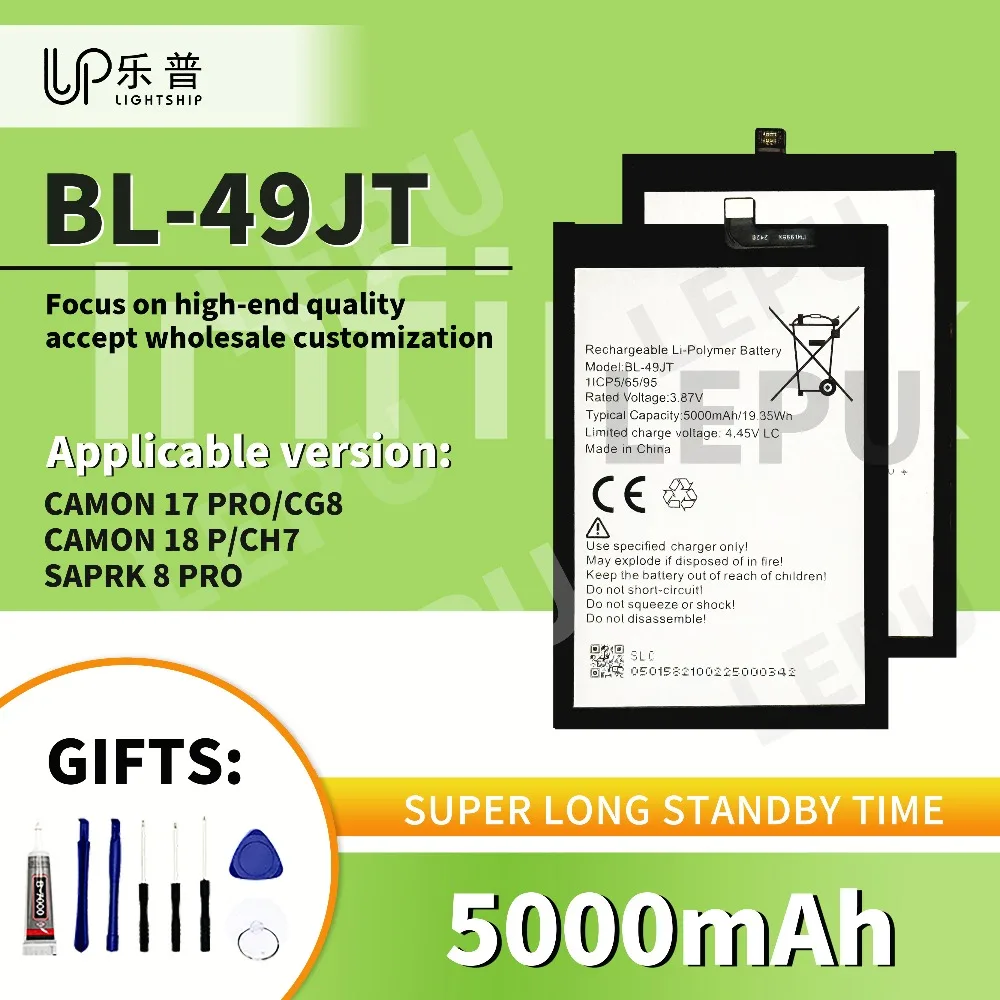 

TECNO CAMON 17 18 PRO Replacement Battery BL-49JT 5000mAh with Free Tools Kits Phone Battery TECNO SAPRK 8 PRO Original Battery