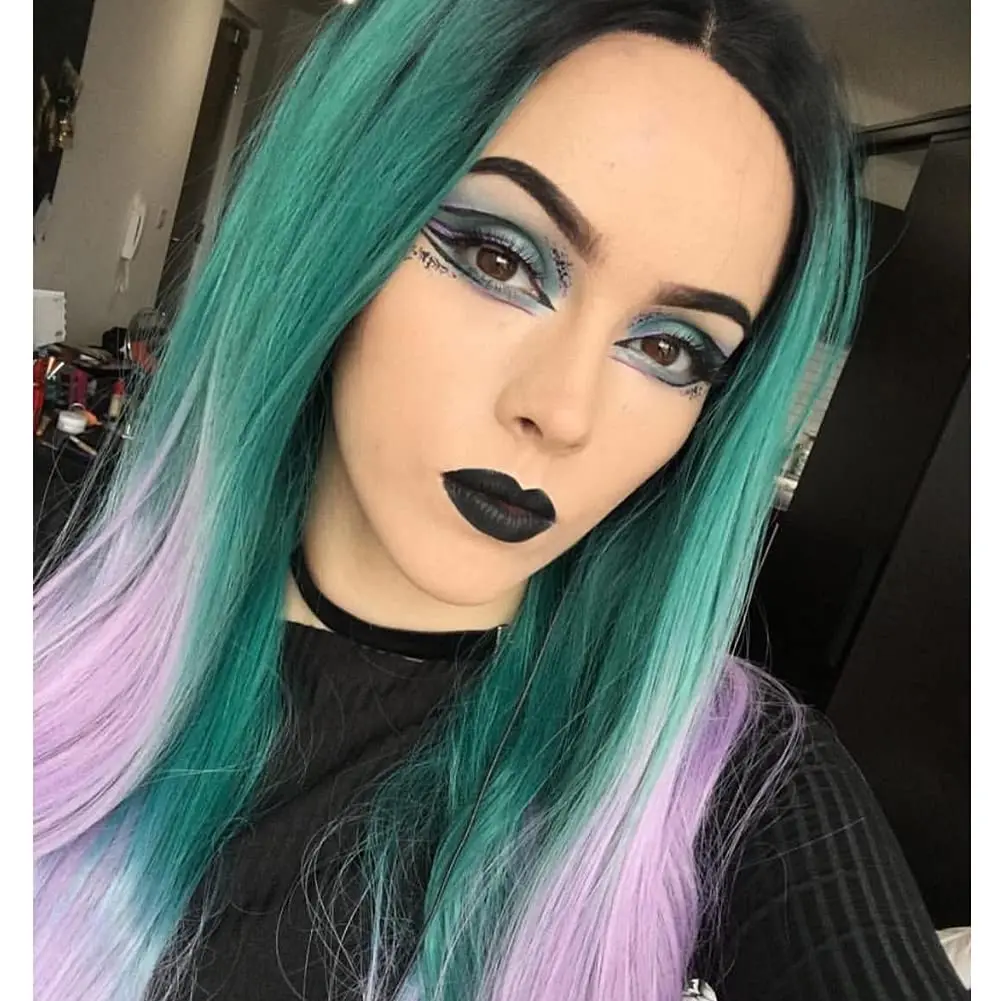 

Ombre Green Purple Lace Front Wig with Black Root Long Straight Middle Part Wig Heat Resistant Fiber Synthetic Wig for Women