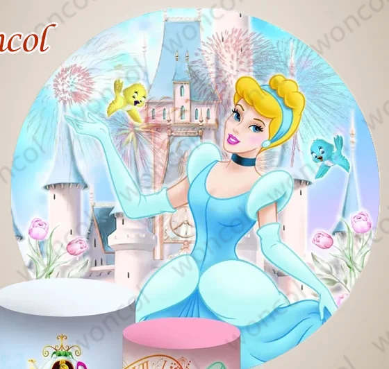 Cinderella Round Backdrop 1st 2nd Girls Birthday Baby Shower Backdrop Cinderella Glass Slipper Cylinder Cover Decor Prop