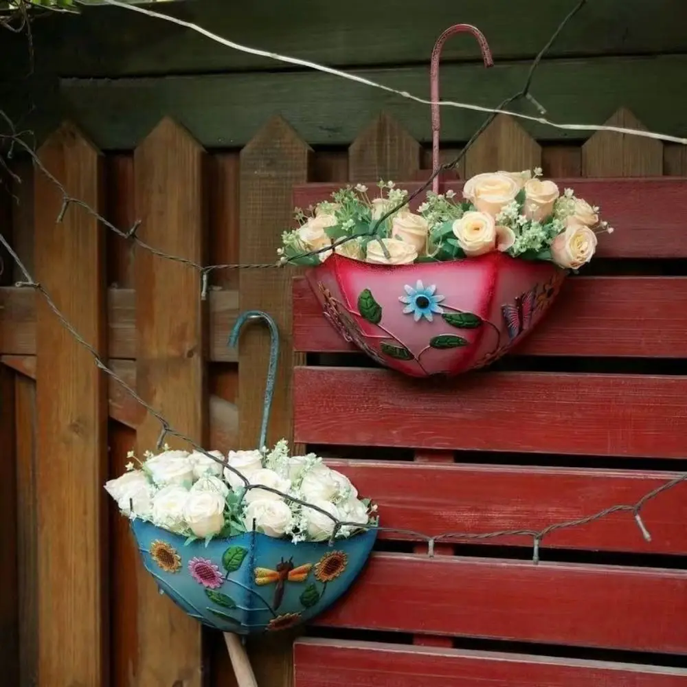 Rustic Iron Umbrella Shaped Flower Pot Decorative Space Saving Hanging Flower Pot Wall Mounted Succulent Plant Hanger Balcony