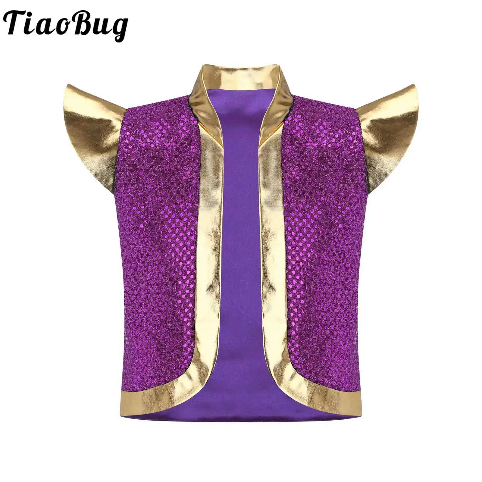 

Kids Boys Mythical Arabian Prince Vest Halloween Carnival Cosplay Fairy Tale Fancy Dress Up Shiny Sequins Open Front Waistcoat