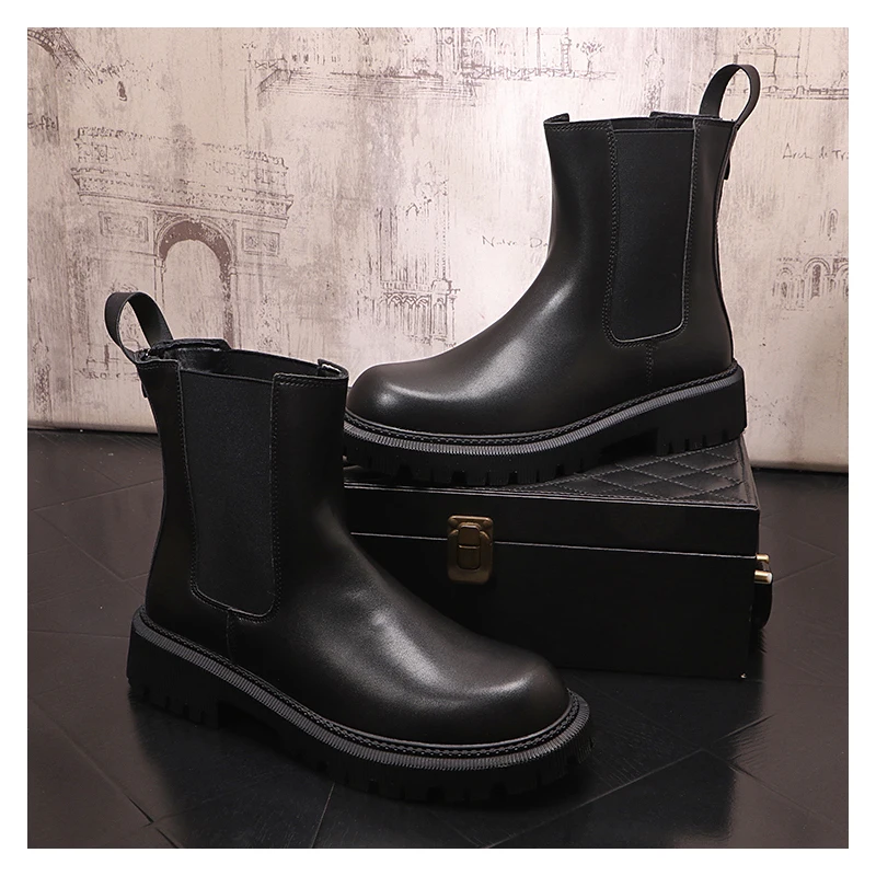 

British style mens casual high chelsea boots black stylish platform shoes cowboy genuine leather boot handsome chimney botas man