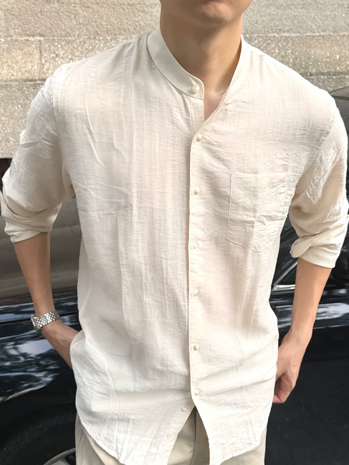 

Classic Cotton Linen irt Men's Slim Fit Long Sve ket Sle Zhongan Collar Breathable Faionable Spring Autumn Winter