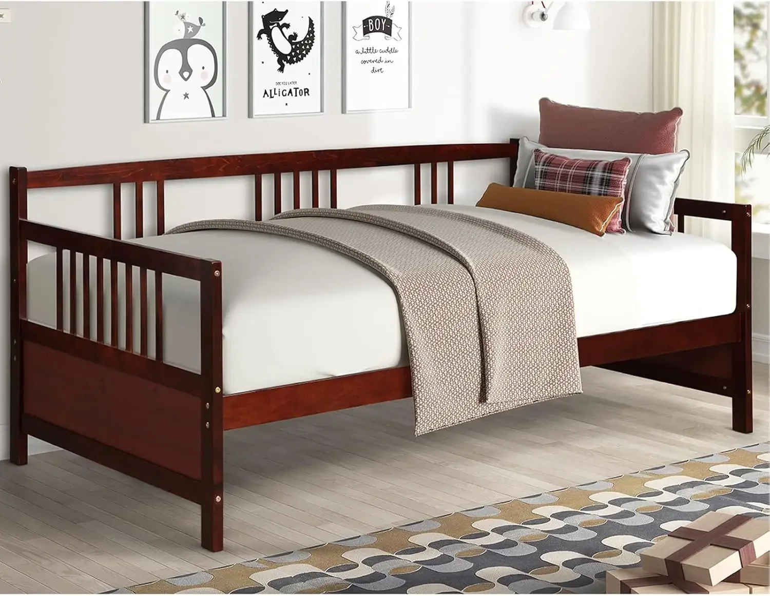 Twin Daybed Frame, Wooden Sofa Bed Guest Bed with Rails & Wood Slat Support, Dual-use Twin Size Platform Bed Frame