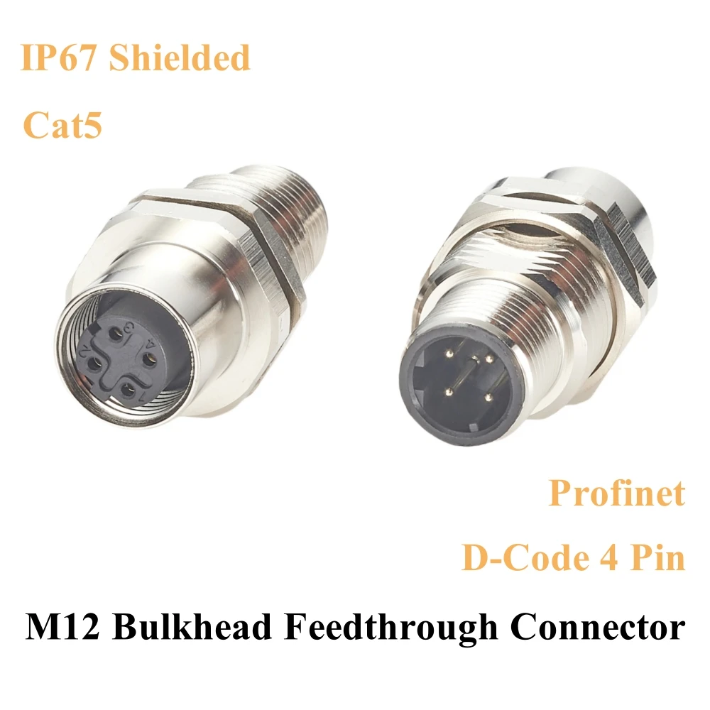 

Profinet M12 D-Code 4 Pin Male to Female Bulkhead Feedthrough Connector Cat5 Ethernet IP67 Shielded Pass-thru Panel Mount Socket