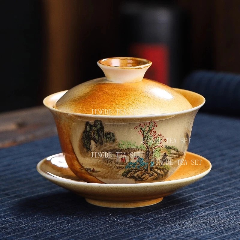 Cuenco de tres talentos dibujado a mano de 140ml, cuenco de té de estilo chino con paisaje de cerámica, cuenco de té de color bajo vidriado para el hogar chino