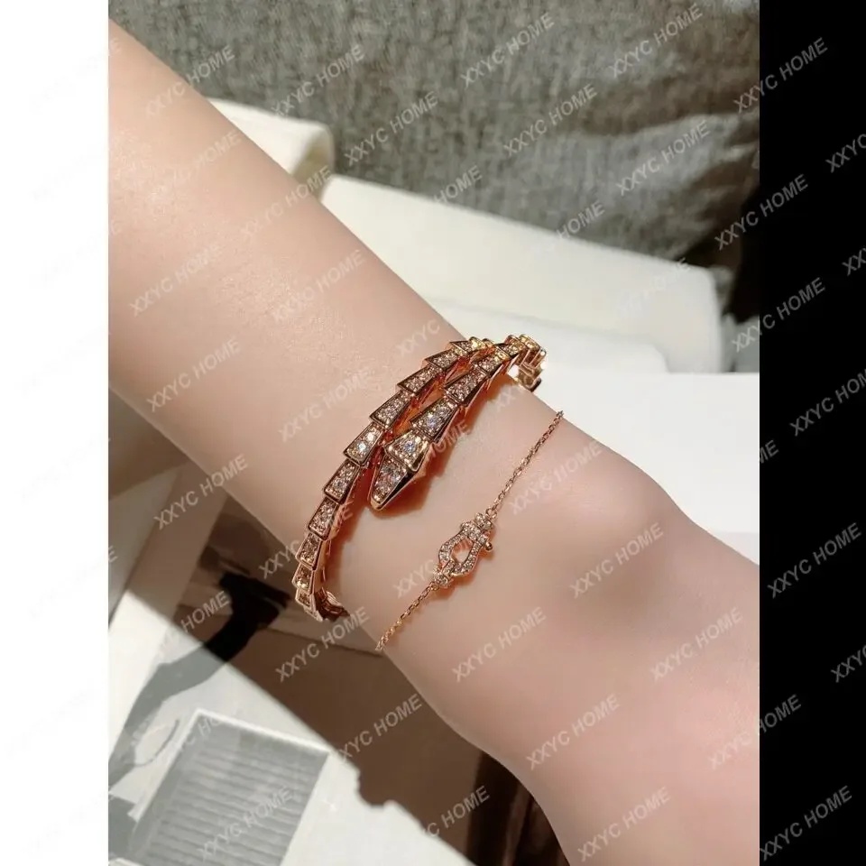 sterling silver plated with 18K rose gold full diamond snake bone multi-circle snake head opening bracelet with diamonds, simple