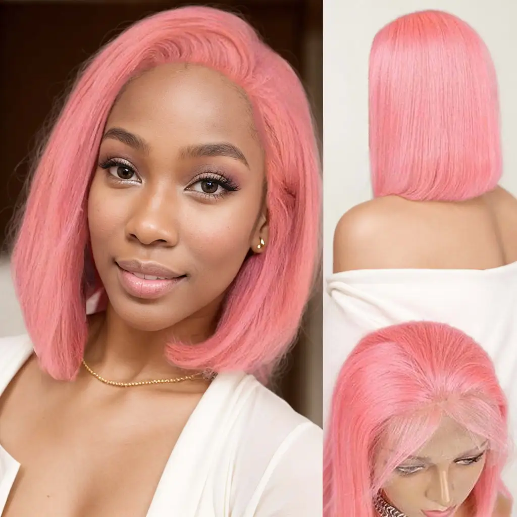 

Pink Color Blunt Cut Short Straight Glueless Bob Wig 180% Density T Lace Frontal Wig Brazilian Remy Put On Go Human Hair Wigs