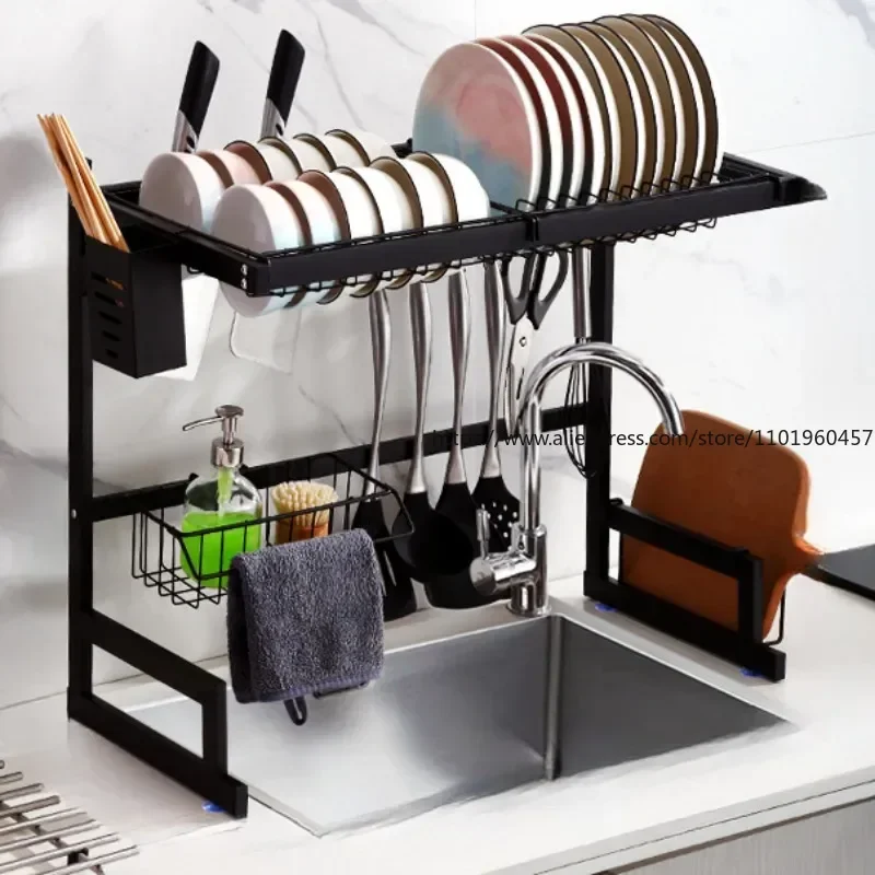 

65/85cm Stainless Steel Dish Rack Drainer Kitchen Storage Drying Shelf Tray Over Sink Utensil Holder Drain Kitchen Organizer