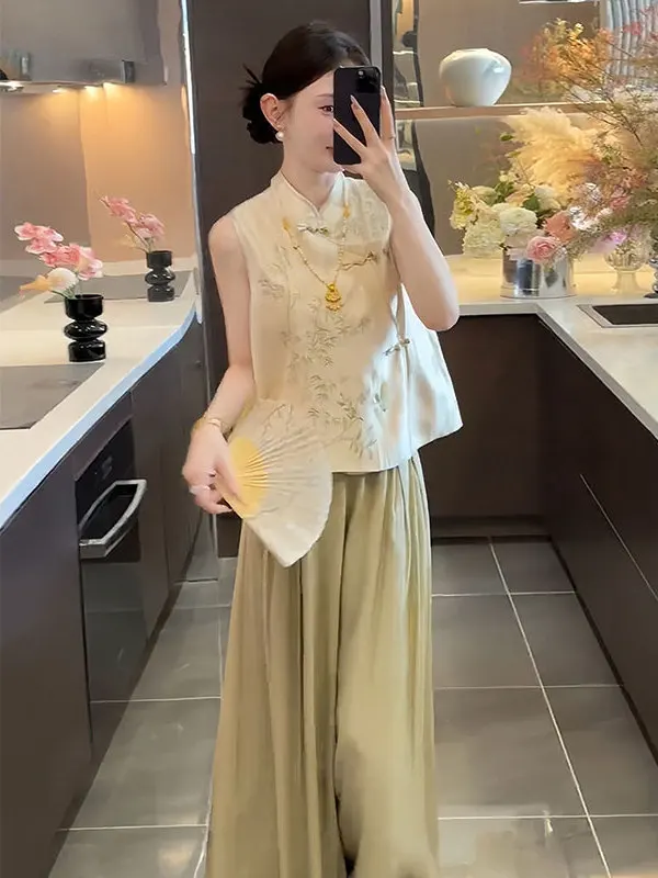 New Chinese Style Women's Summer Outfit Bamboo Leaf Print Button up Top And Pants Two-Piece Set Fashionable Traditional Print image 3