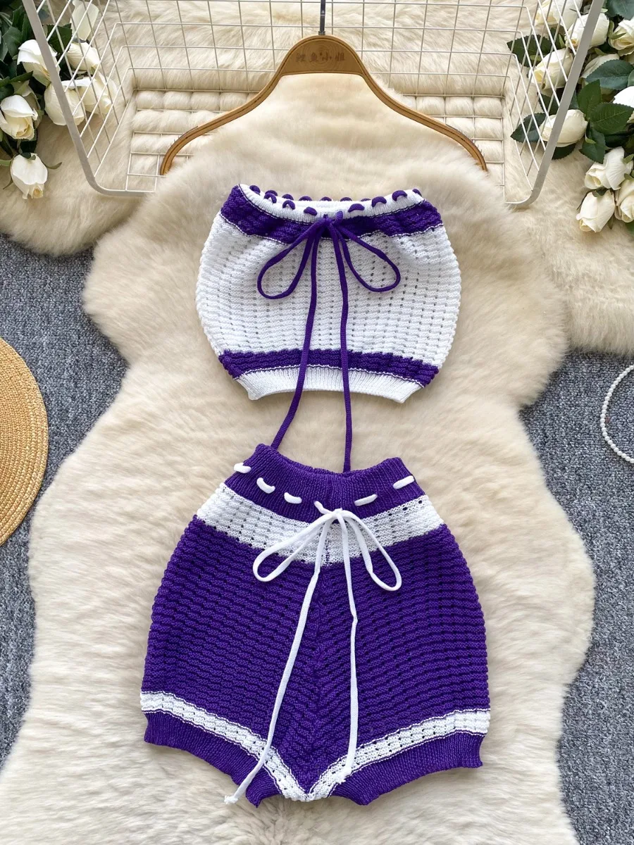 Foamlina Strandurlaub-Strandbekleidungsset für Damen, Sommer, heißes Mädchen-Set mit Farbblock-Schnürung, ärmellose Bandeau-Weste + enge Strick-Shorts