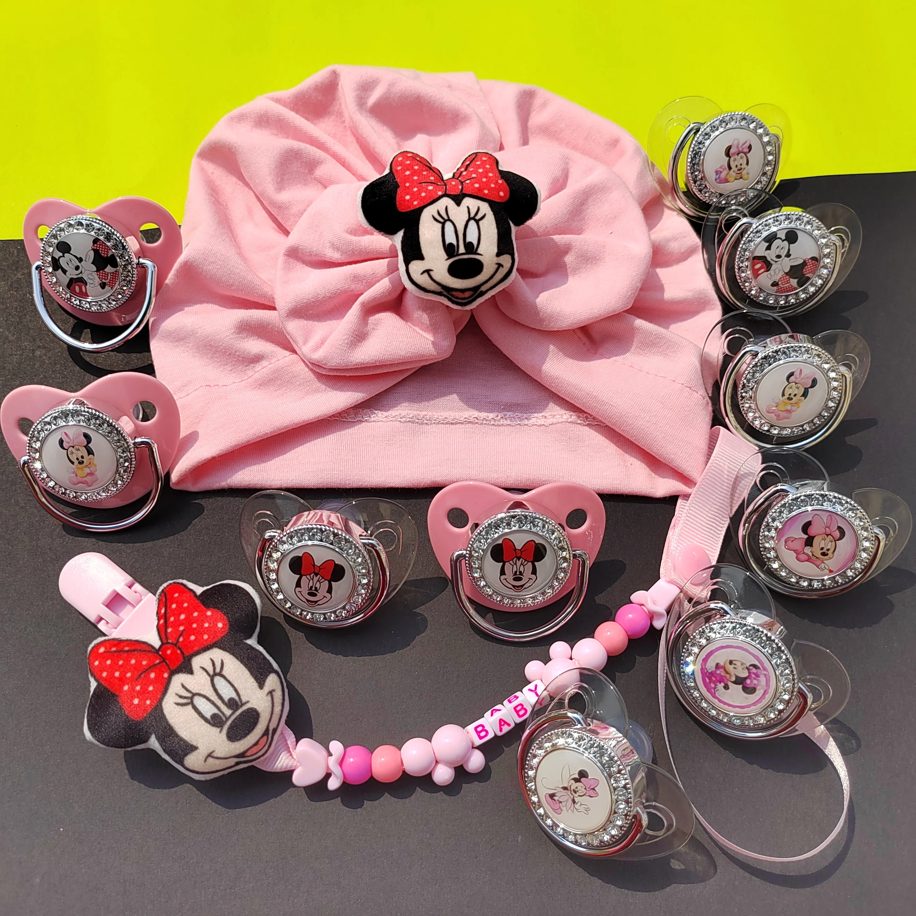 Disney Mickey Mouse Pink orthodontic nipples Children girl Headband hats Children bejeweled beautiful baby pacifier clip chupete