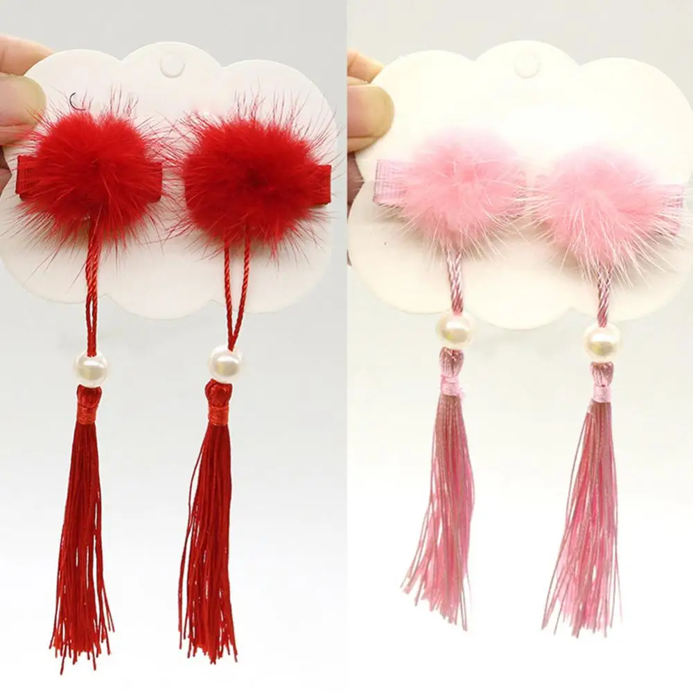 1Pair Cute Chinese New Year Bows Hair Clips Chinese Style Kid Girl Pompom Fan Tassel Hairpins Hair Accessories Hanfu headwear