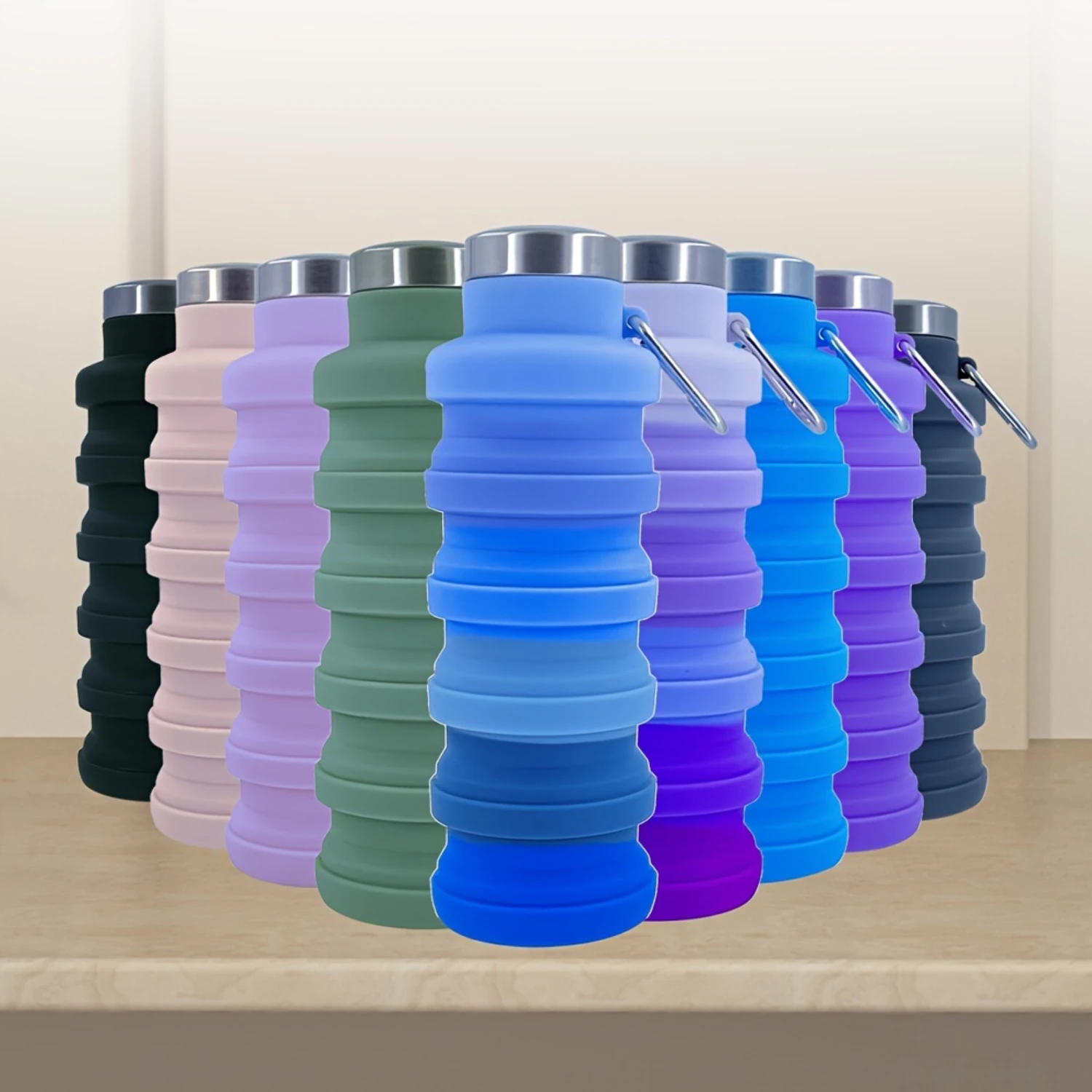 Foldable Silicone Water Bottle 500ml - Sports Trekking Cycling Gym School Supplies Foldable & Expandable With Snap Hook