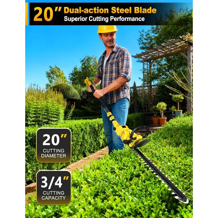 8" Pole Saw Cordless + 20" Pole Hedge Trimmer 4-in-1 Electric Mini Chainsaw/Hedge Trimmer with Extension Pole 15Ft Max Reach for