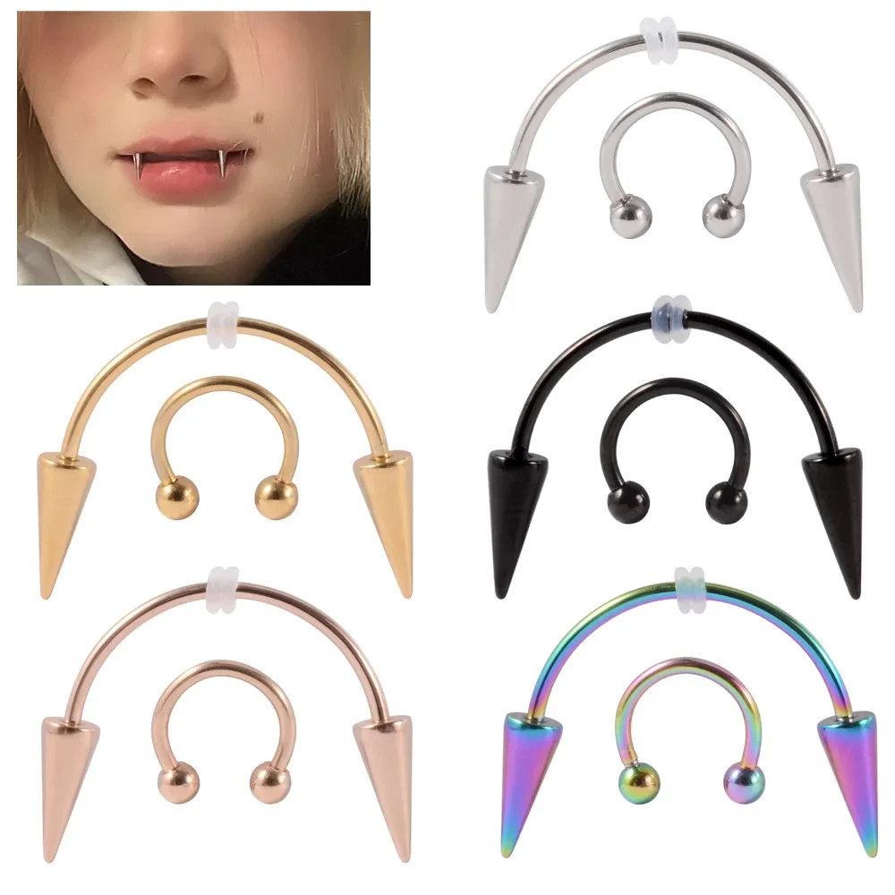 2pcs Punk Style Stainless Steel Teeth Nail Cone Vampire Zombie Teeth Stud Horseshoe Lip Ring Piercing Jewelry