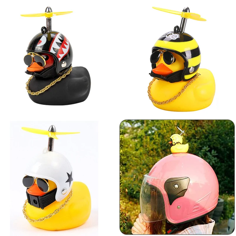 Car Rubber Duck Toy With Helmet Small Yellow Duck Car Dashboard Ornaments Cool Glasses Duck Car Decoration Cycling Accessories